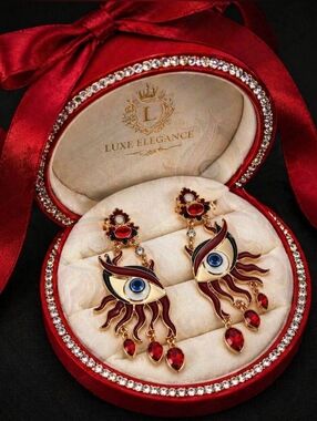 Luxe Elegance Red Eye Motif Drop Earrings